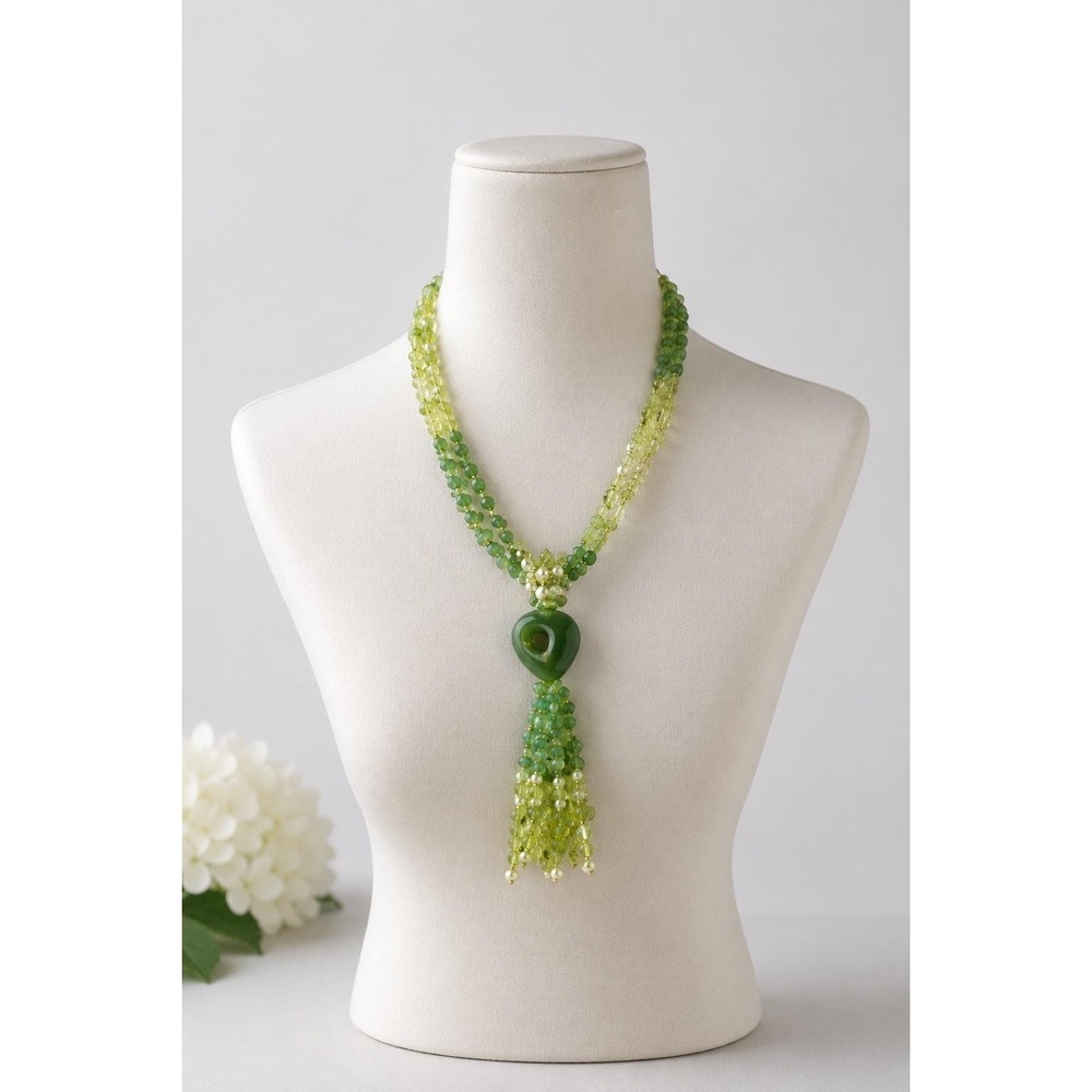 Green Aventurine Yellow Quartz Pearl Heart Tassel Multi Strand Necklace 22in